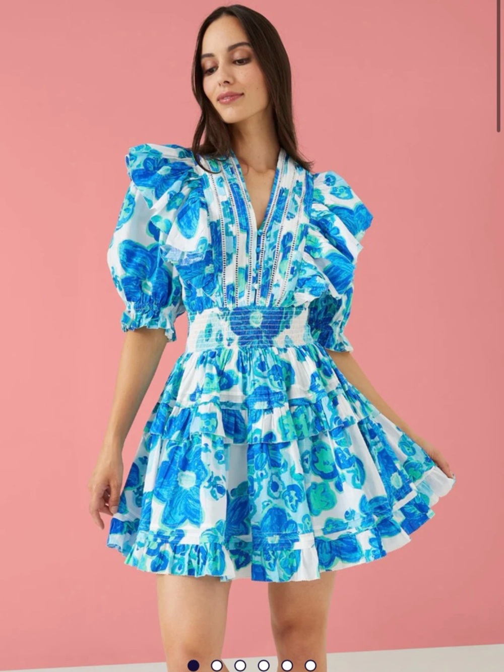 Blue Floral Puff-Sleeve Tiered Mini Dress